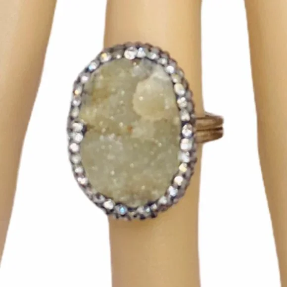Natural Quartz Druzy Sparkling Cluster Ring 925 Silver Size 7.5 - Picture 1 of 11